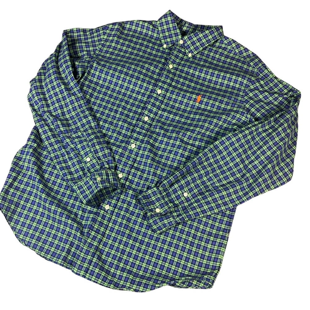 Ralph Lauren Button Down Mens Large Green Blue Plaid Long Sleeve‎ Cotton Shirt